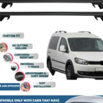 Roof Rack Cross Bars Compatible with Volkswagen Caddy 2003-2015, Fits Raised Roof Rails with Gap to Car Roof, Ideal Rail Carrier for Roof Tents, 4-Piece Black