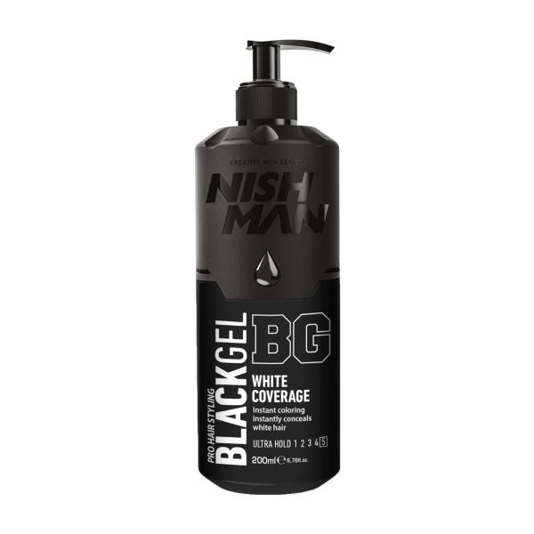 Nishman Ultra Hold Hair Styling Black Gel – White Coverage (Black Gel with Pump 200 ml)